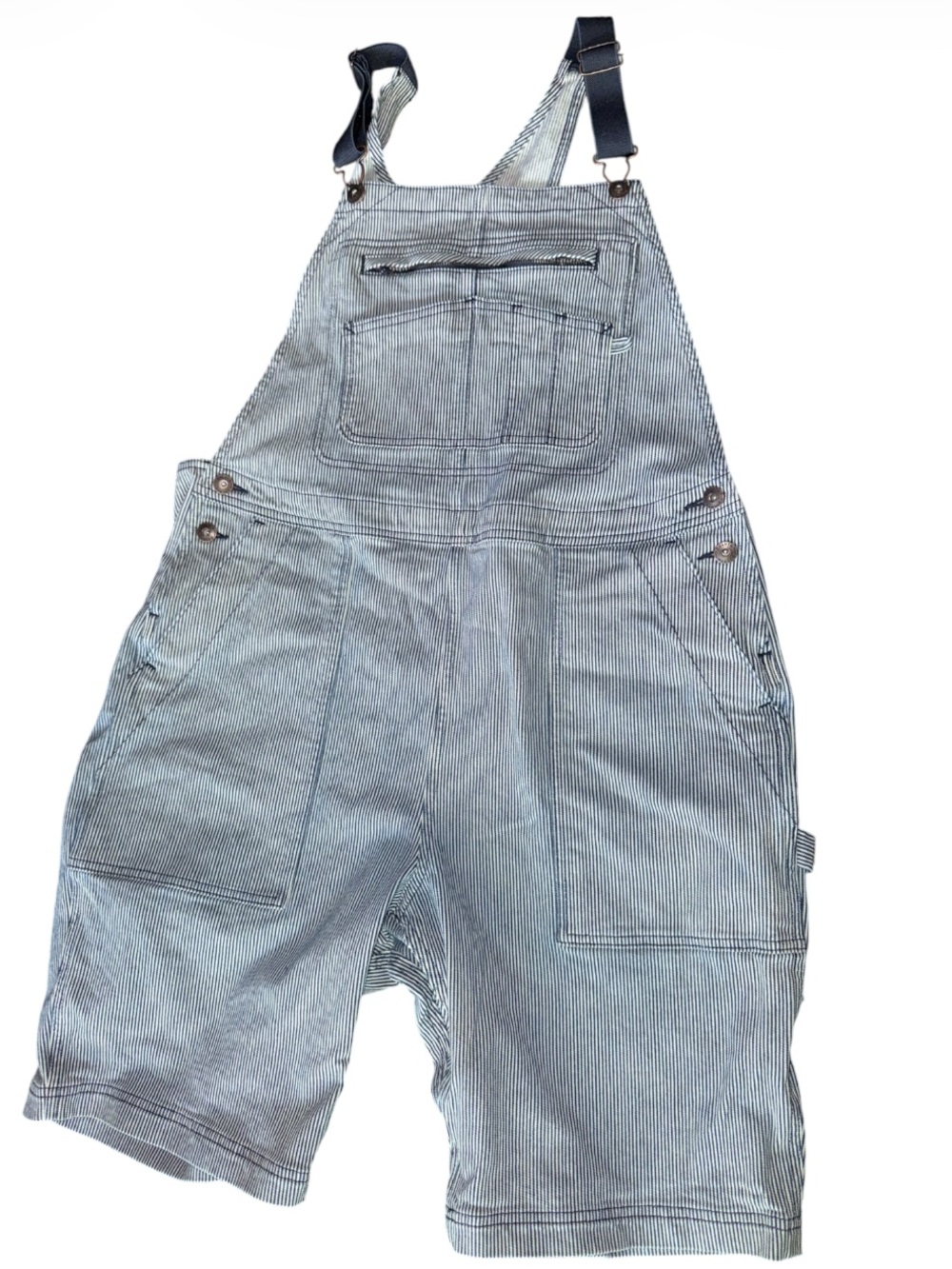 Duluth Trading Bibs Railroad Pin Stripe Rootstock Gardening Shorts Overalls L - Picture 9 of 16